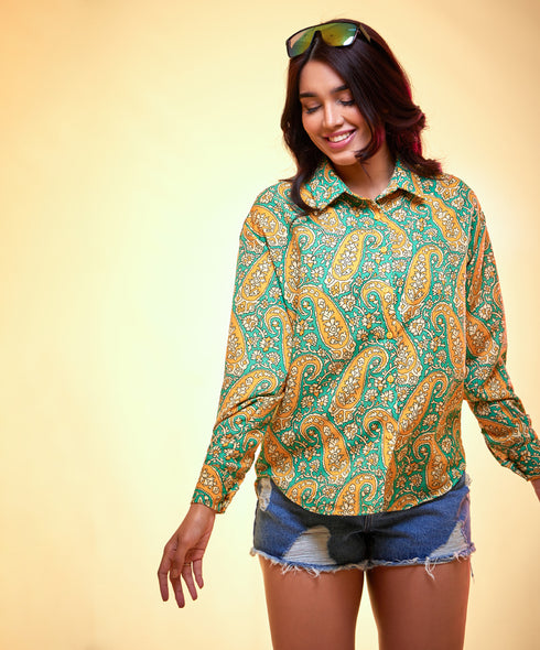 Oversized yellow & green printed shirt